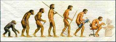 Evolution diagram from ape to upright man to man hunched over a computer