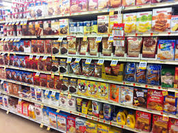 Supermarket shelves filled with processed foods